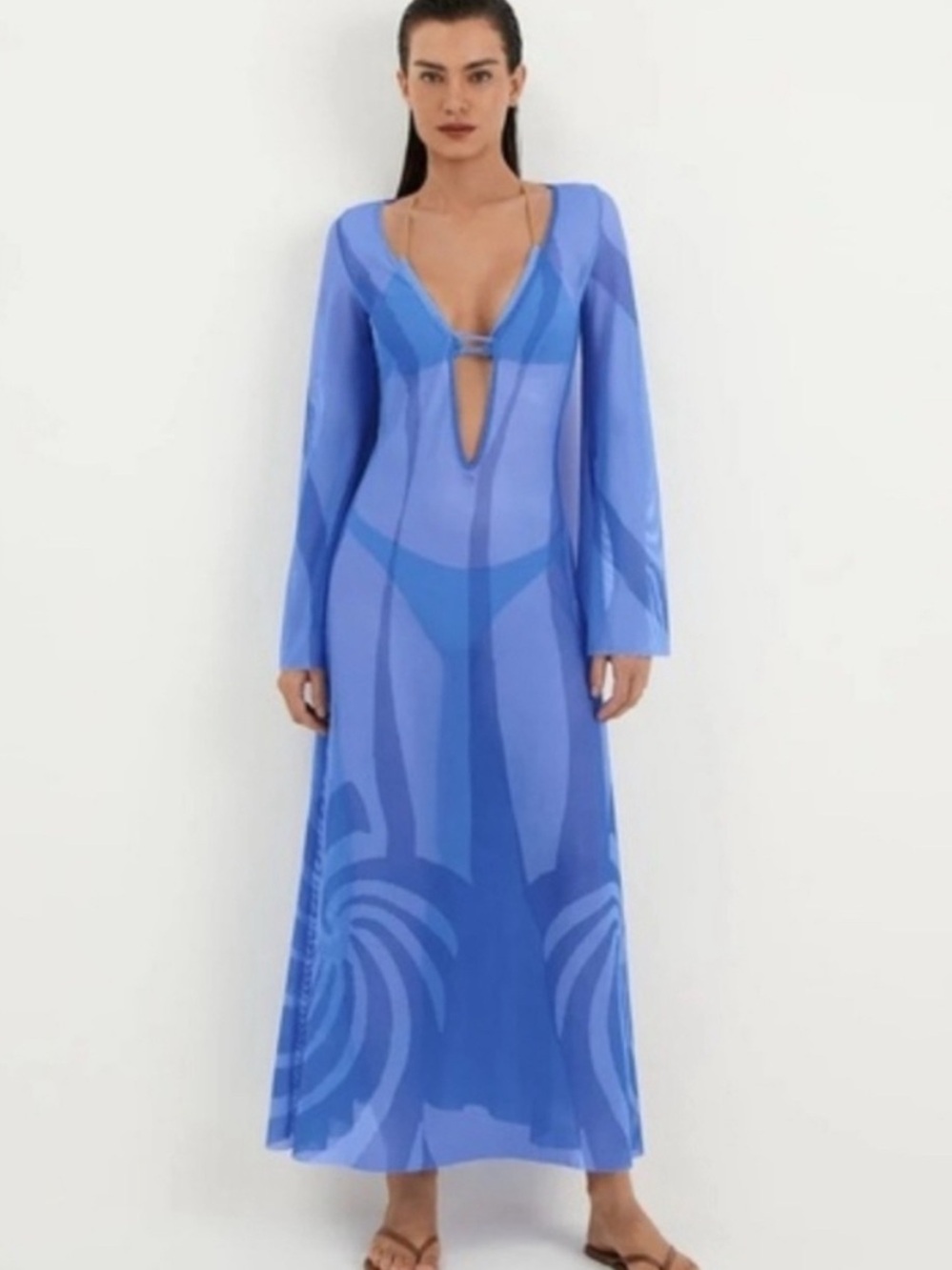 Caroline Constas Sheer Royal Blue Long Sleeve Swim Coverup - Picture 3 of 7